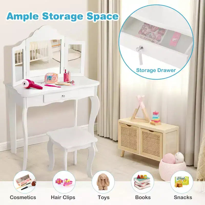 Costway Tavolino e Sgabello da Trucco per Bambini, Set da Gioco Principessa per Bambine Bianco/Rosa