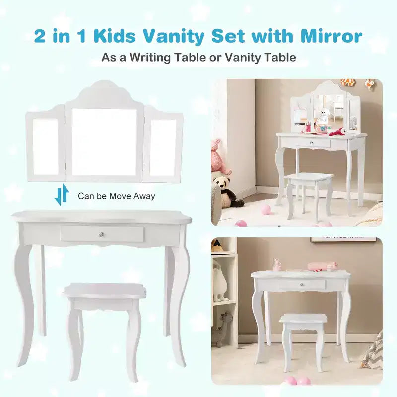Costway Tavolino e Sgabello da Trucco per Bambini, Set da Gioco Principessa per Bambine Bianco/Rosa