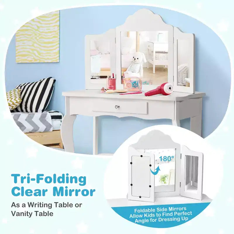 Costway Tavolino e Sgabello da Trucco per Bambini, Set da Gioco Principessa per Bambine Bianco/Rosa