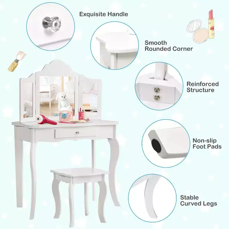 Costway Tavolino e Sgabello da Trucco per Bambini, Set da Gioco Principessa per Bambine Bianco/Rosa