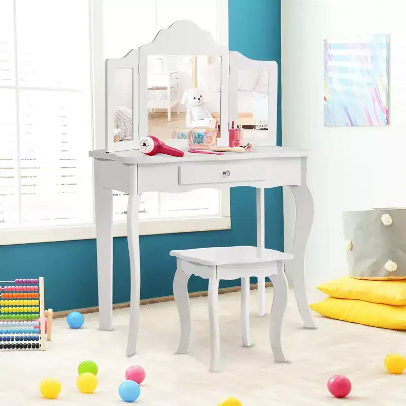 Costway Tavolino e Sgabello da Trucco per Bambini, Set da Gioco Principessa per Bambine Bianco/Rosa