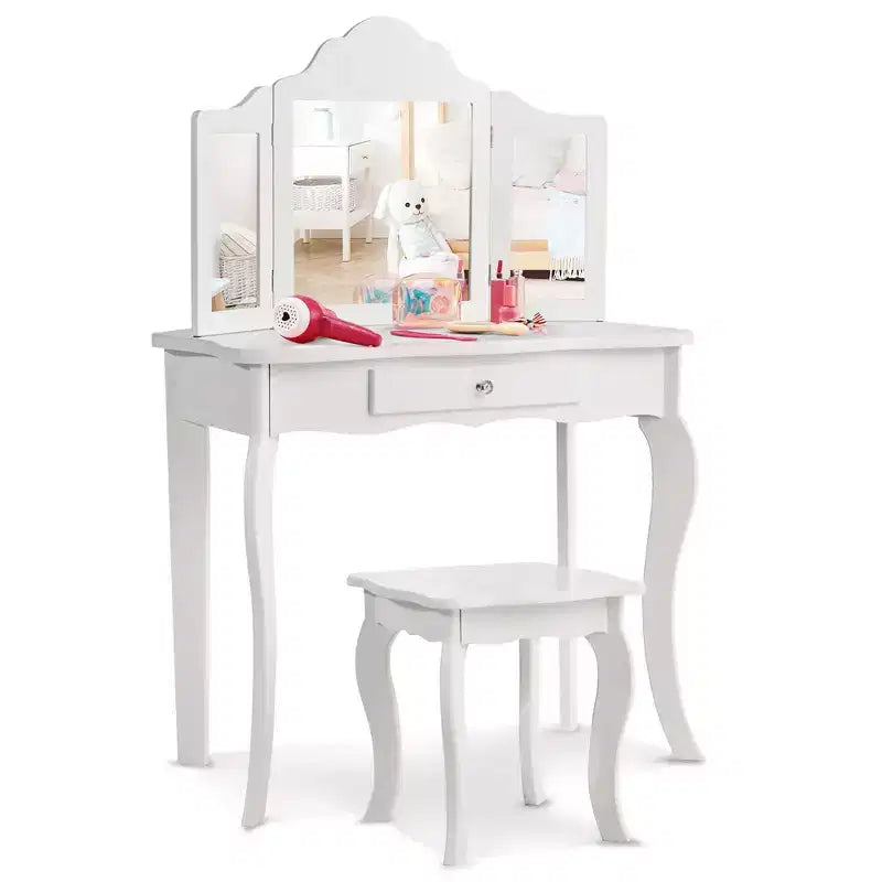 Costway Tavolino e Sgabello da Trucco per Bambini, Set da Gioco Principessa per Bambine Bianco/Rosa
