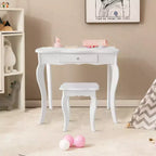 Costway Tavolino e Sgabello da Trucco per Bambini, Set da Gioco Principessa per Bambine Bianco/Rosa