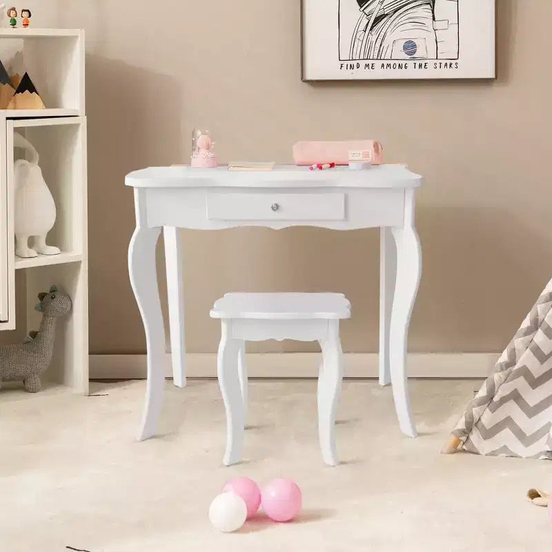 Costway Tavolino e Sgabello da Trucco per Bambini, Set da Gioco Principessa per Bambine Bianco/Rosa