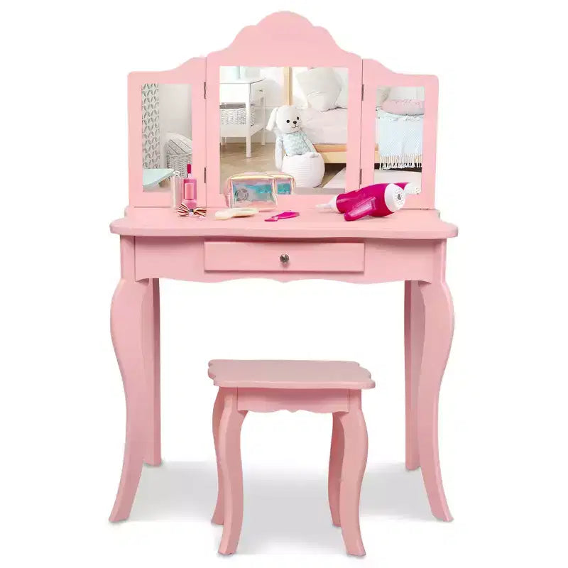 Costway Tavolino e Sgabello da Trucco per Bambini, Set da Gioco Principessa per Bambine Bianco/Rosa