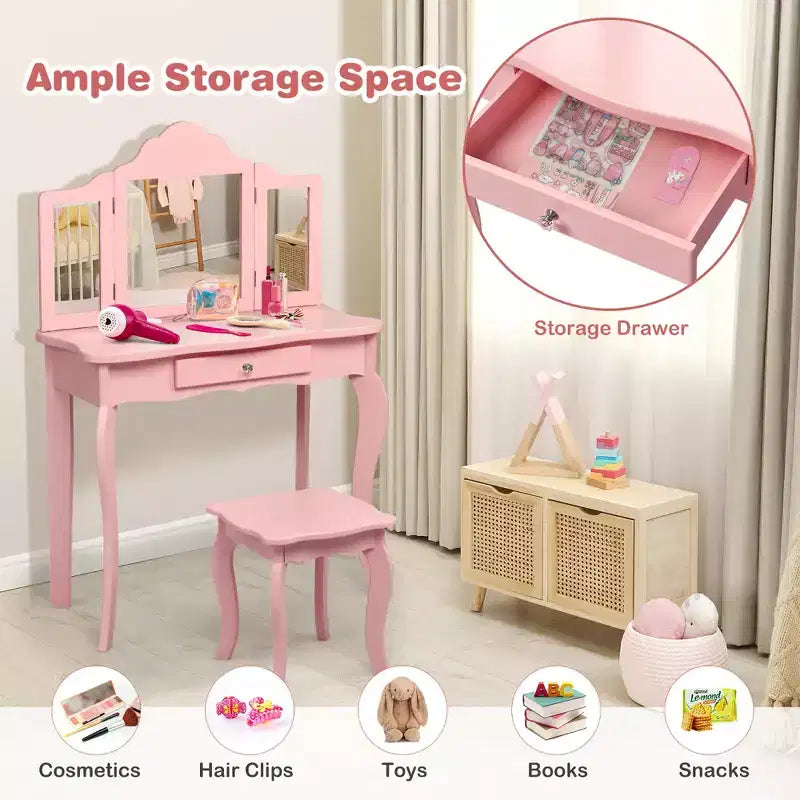 Costway Tavolino e Sgabello da Trucco per Bambini, Set da Gioco Principessa per Bambine Bianco/Rosa