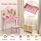 Costway Tavolino e Sgabello da Trucco per Bambini, Set da Gioco Principessa per Bambine Bianco/Rosa