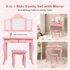 Costway Tavolino e Sgabello da Trucco per Bambini, Set da Gioco Principessa per Bambine Bianco/Rosa