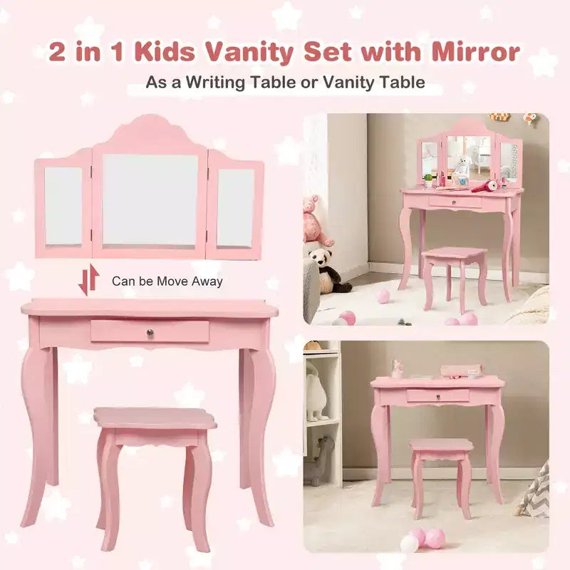 Costway Tavolino e Sgabello da Trucco per Bambini, Set da Gioco Principessa per Bambine Bianco/Rosa