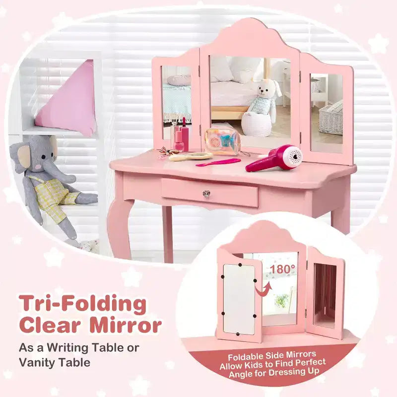 Costway Tavolino e Sgabello da Trucco per Bambini, Set da Gioco Principessa per Bambine Bianco/Rosa