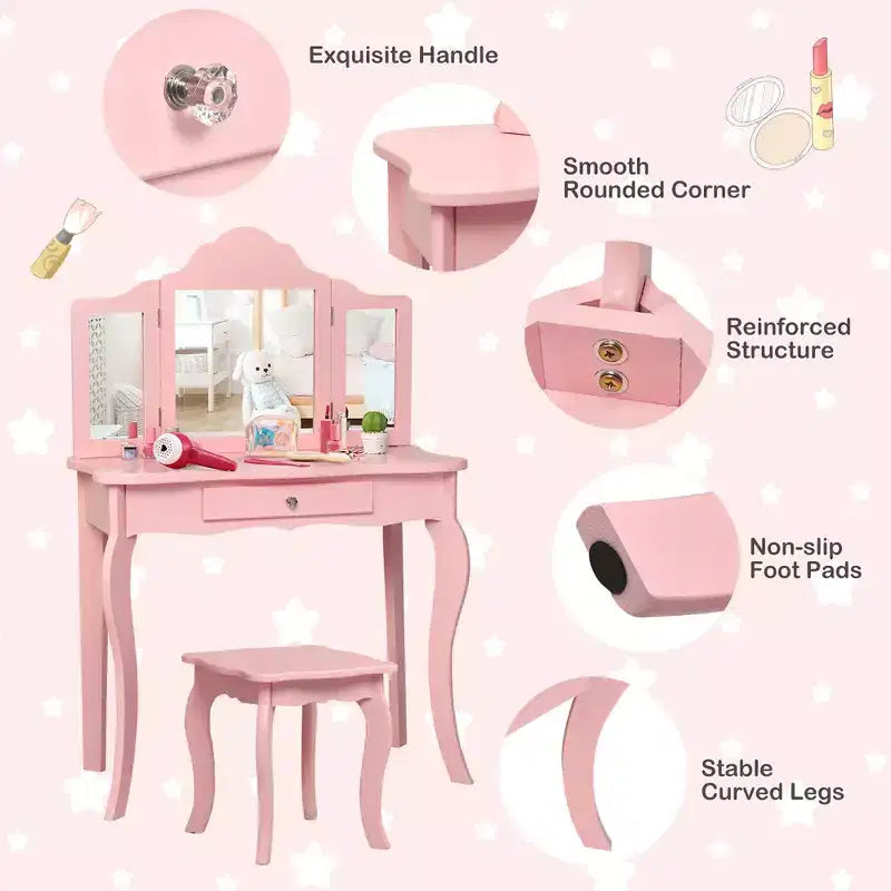 Costway Tavolino e Sgabello da Trucco per Bambini, Set da Gioco Principessa per Bambine Bianco/Rosa