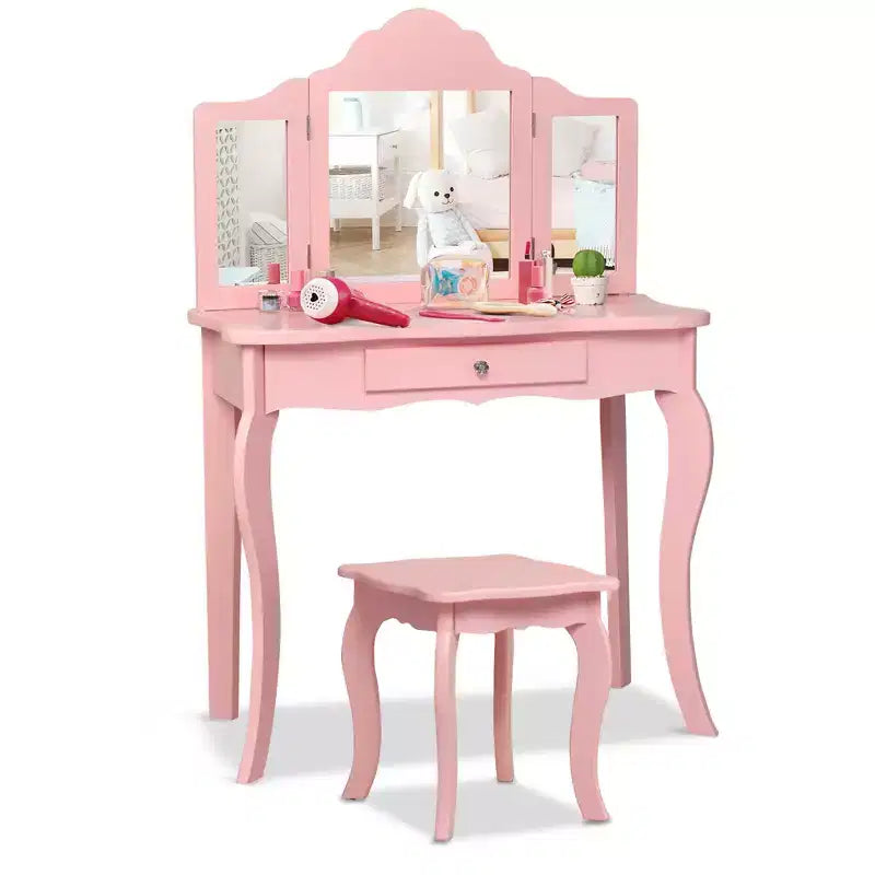 Costway Tavolino e Sgabello da Trucco per Bambini, Set da Gioco Principessa per Bambine Bianco/Rosa