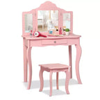 Costway Tavolino e Sgabello da Trucco per Bambini, Set da Gioco Principessa per Bambine Bianco/Rosa