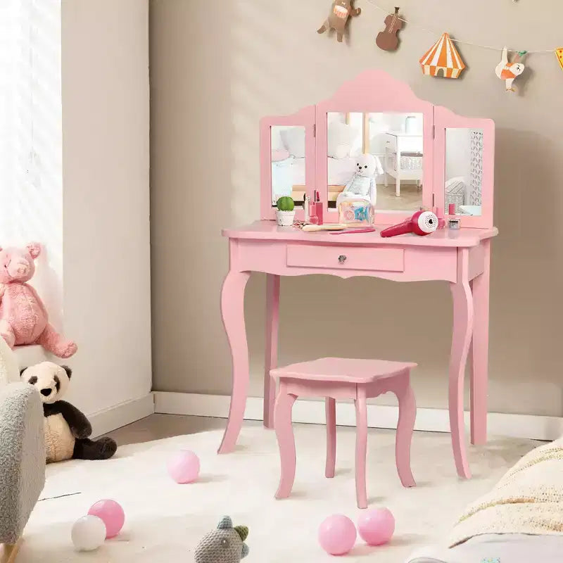 Costway Tavolino e Sgabello da Trucco per Bambini, Set da Gioco Principessa per Bambine Bianco/Rosa