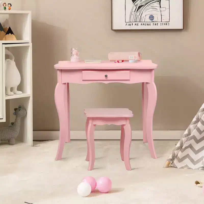 Costway Tavolino e Sgabello da Trucco per Bambini, Set da Gioco Principessa per Bambine Bianco/Rosa