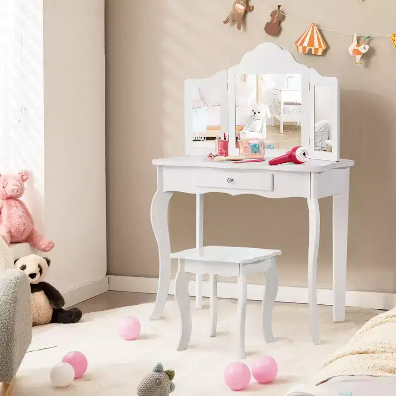 Costway Tavolino e Sgabello da Trucco per Bambini, Set da Gioco Principessa per Bambine Bianco/Rosa