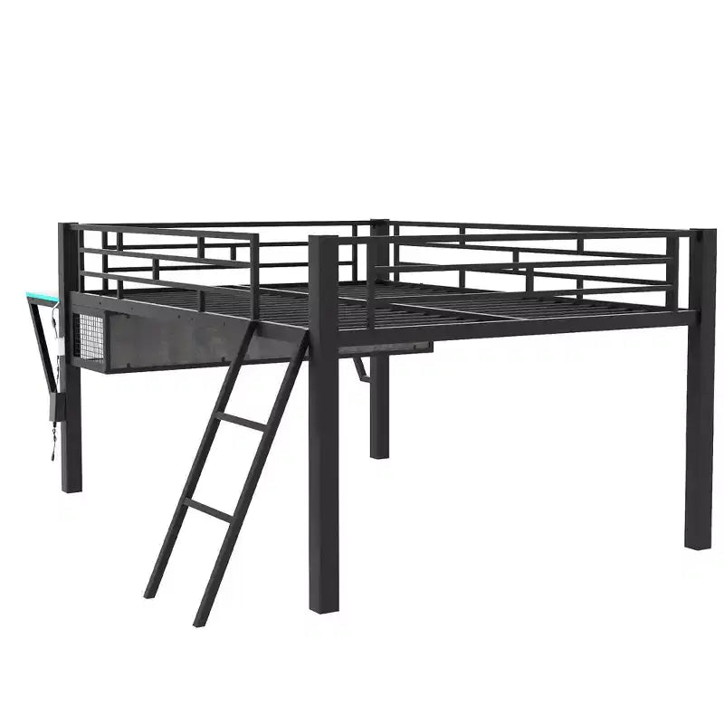 Letto a soppalco Whisen nero in metallo stile gaming con scrivania integrata, scaletta e ripiano, 235,7 cm lungh. x 105,9 cm largh.