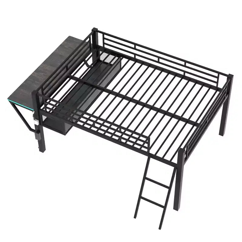 Letto a soppalco Whisen nero in metallo stile gaming con scrivania integrata, scaletta e ripiano, 235,7 cm lungh. x 105,9 cm largh.