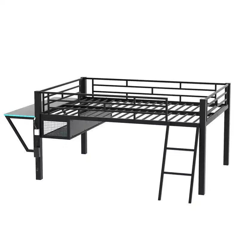Letto a soppalco Whisen nero in metallo stile gaming con scrivania integrata, scaletta e ripiano, 235,7 cm lungh. x 105,9 cm largh.