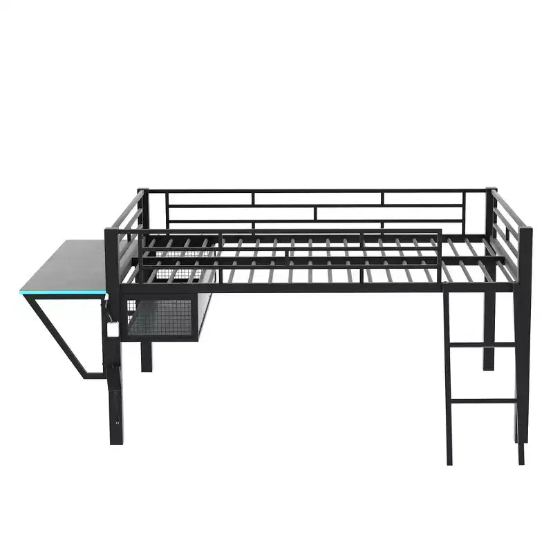 Letto a soppalco Whisen nero in metallo stile gaming con scrivania integrata, scaletta e ripiano, 235,7 cm lungh. x 105,9 cm largh.