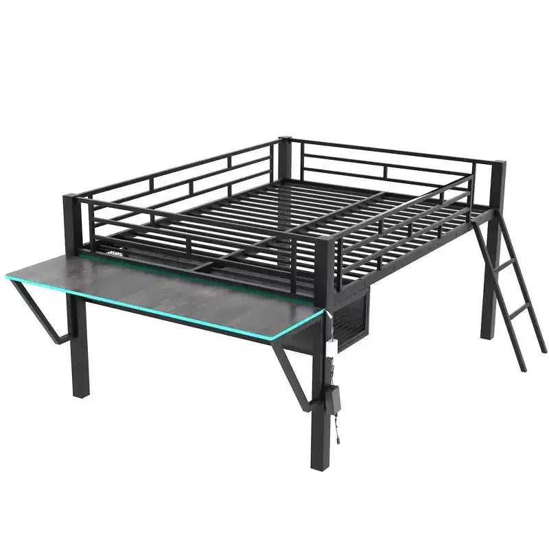 Letto a soppalco Whisen nero in metallo stile gaming con scrivania integrata, scaletta e ripiano, 235,7 cm lungh. x 105,9 cm largh.