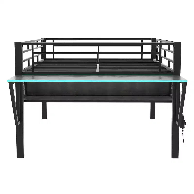 Letto a soppalco Whisen nero in metallo stile gaming con scrivania integrata, scaletta e ripiano, 235,7 cm lungh. x 105,9 cm largh.