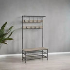 Appendiabiti da ingresso e panca portaoggetti 3-in-1 DAINTREE, appendiabiti a stelo con 9 ganci, multifunzionale, robusta struttura in acciaio, grande, stile industriale