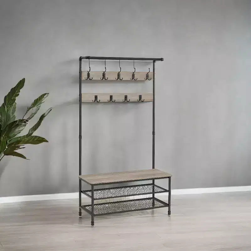 Appendiabiti da ingresso e panca portaoggetti 3-in-1 DAINTREE, appendiabiti a stelo con 9 ganci, multifunzionale, robusta struttura in acciaio, grande, stile industriale