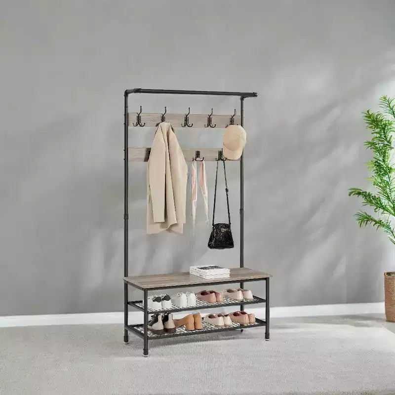 Appendiabiti da ingresso e panca portaoggetti 3-in-1 DAINTREE, appendiabiti a stelo con 9 ganci, multifunzionale, robusta struttura in acciaio, grande, stile industriale