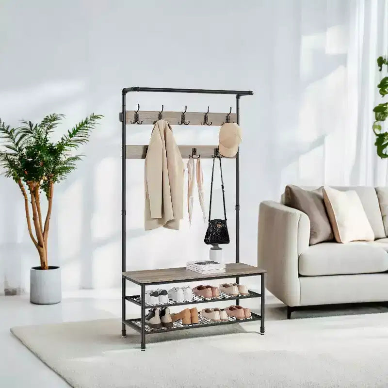 Appendiabiti da ingresso e panca portaoggetti 3-in-1 DAINTREE, appendiabiti a stelo con 9 ganci, multifunzionale, robusta struttura in acciaio, grande, stile industriale