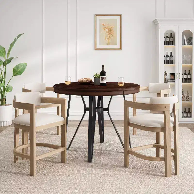 Christopher Knight Home Netia, set da pranzo moderno da 5 pezzi in metallo e legno di caucciù, altezza bancone, marrone naturale