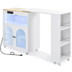Isola da Cucina con Ruote con Tavolo Estensibile, Luci LED, Prese di Corrente, Ante in Vetro, Contenitori e Ripiani Aperti