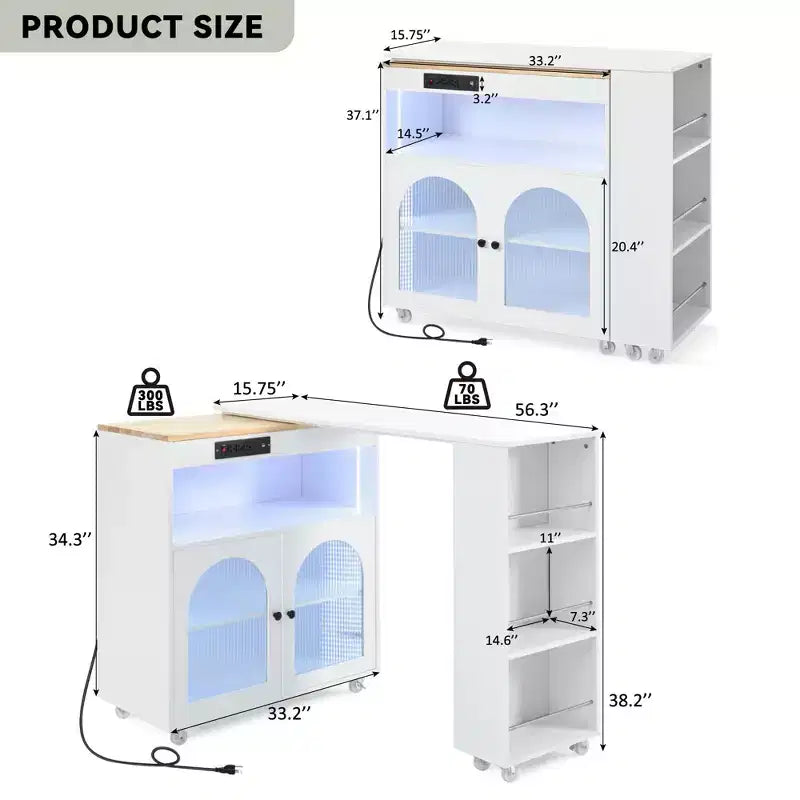 Isola da Cucina con Ruote con Tavolo Estensibile, Luci LED, Prese di Corrente, Ante in Vetro, Contenitori e Ripiani Aperti