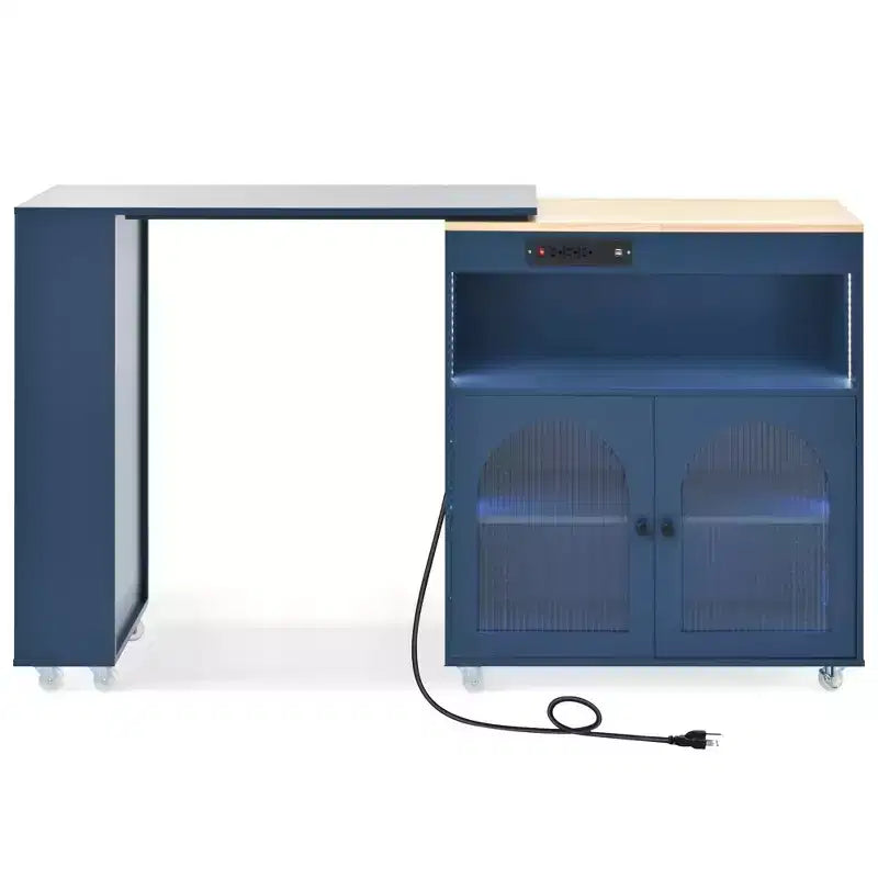 Isola da Cucina con Ruote con Tavolo Estensibile, Luci LED, Prese di Corrente, Ante in Vetro, Contenitori e Ripiani Aperti