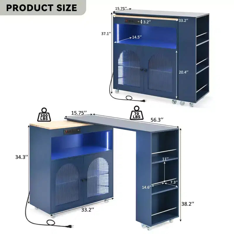 Isola da Cucina con Ruote con Tavolo Estensibile, Luci LED, Prese di Corrente, Ante in Vetro, Contenitori e Ripiani Aperti
