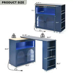 Isola da Cucina con Ruote con Tavolo Estensibile, Luci LED, Prese di Corrente, Ante in Vetro, Contenitori e Ripiani Aperti