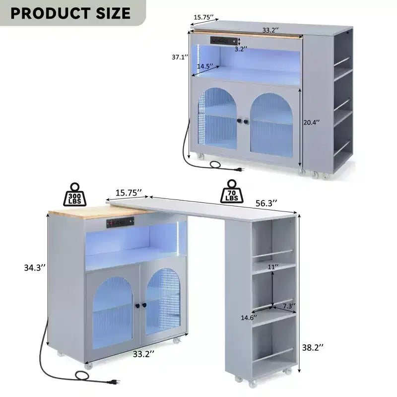 Isola da Cucina con Ruote con Tavolo Estensibile, Luci LED, Prese di Corrente, Ante in Vetro, Contenitori e Ripiani Aperti