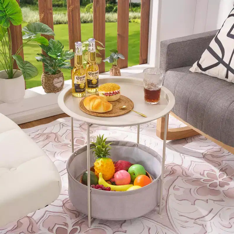 VECELO Tavolino Rotondo/Comodino con Cestino portaoggetti in Tessuto, Comodino Piccolo in Metallo Antiruggine e Impermeabile con Vassoio Superiore Rimovibile