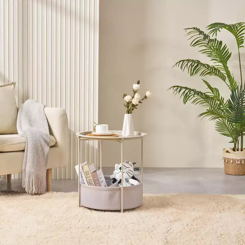 VECELO Tavolino Rotondo/Comodino con Cestino portaoggetti in Tessuto, Comodino Piccolo in Metallo Antiruggine e Impermeabile con Vassoio Superiore Rimovibile