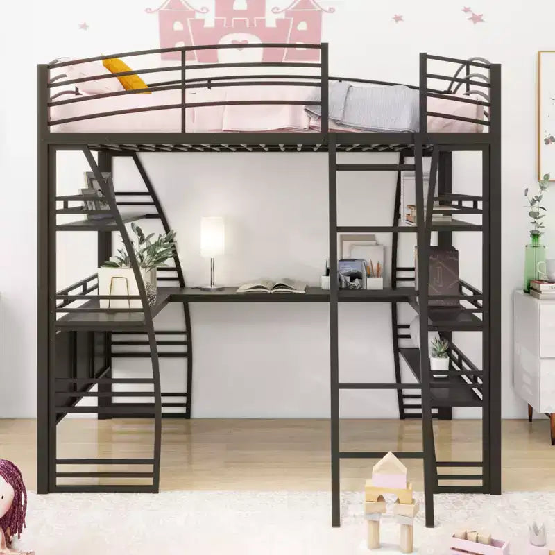 Whisen 77.1L x 56.7W Letto a soppalco in metallo matrimoniale dal design elegante con mensole e scrivania a L