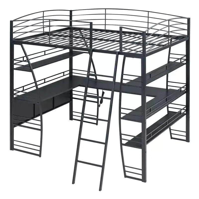 Whisen 77.1L x 56.7W Letto a soppalco in metallo matrimoniale dal design elegante con mensole e scrivania a L