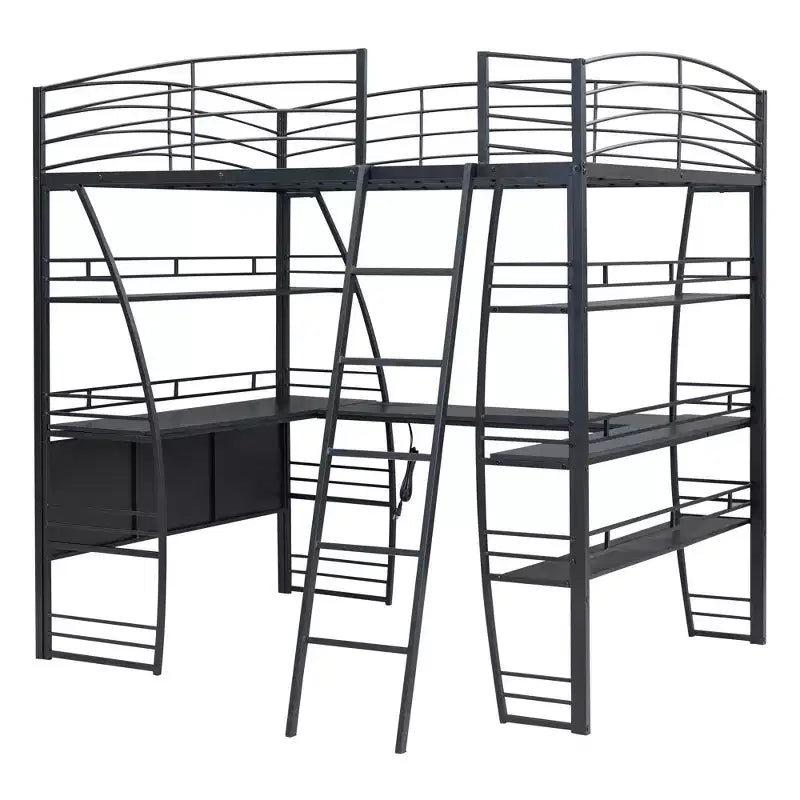 Whisen 77.1L x 56.7W Letto a soppalco in metallo matrimoniale dal design elegante con mensole e scrivania a L
