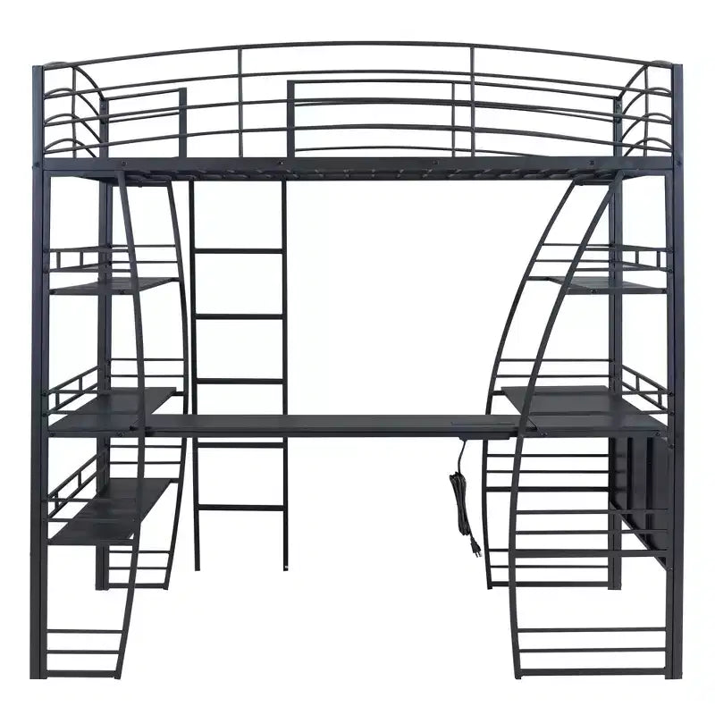Whisen 77.1L x 56.7W Letto a soppalco in metallo matrimoniale dal design elegante con mensole e scrivania a L