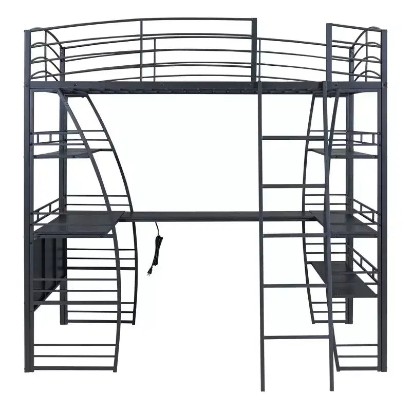Whisen 77.1L x 56.7W Letto a soppalco in metallo matrimoniale dal design elegante con mensole e scrivania a L