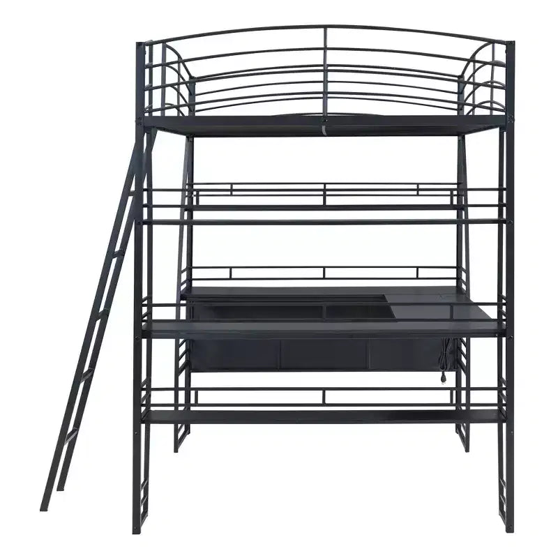 Whisen 77.1L x 56.7W Letto a soppalco in metallo matrimoniale dal design elegante con mensole e scrivania a L