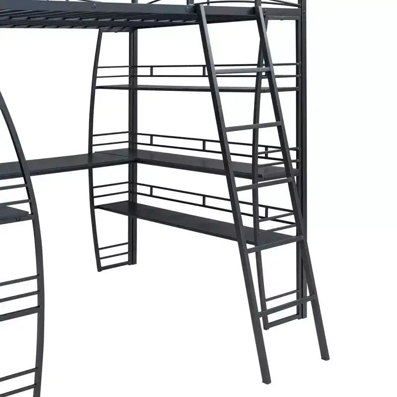 Whisen 77.1L x 56.7W Letto a soppalco in metallo matrimoniale dal design elegante con mensole e scrivania a L