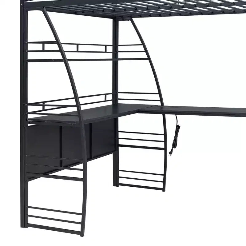 Whisen 77.1L x 56.7W Letto a soppalco in metallo matrimoniale dal design elegante con mensole e scrivania a L