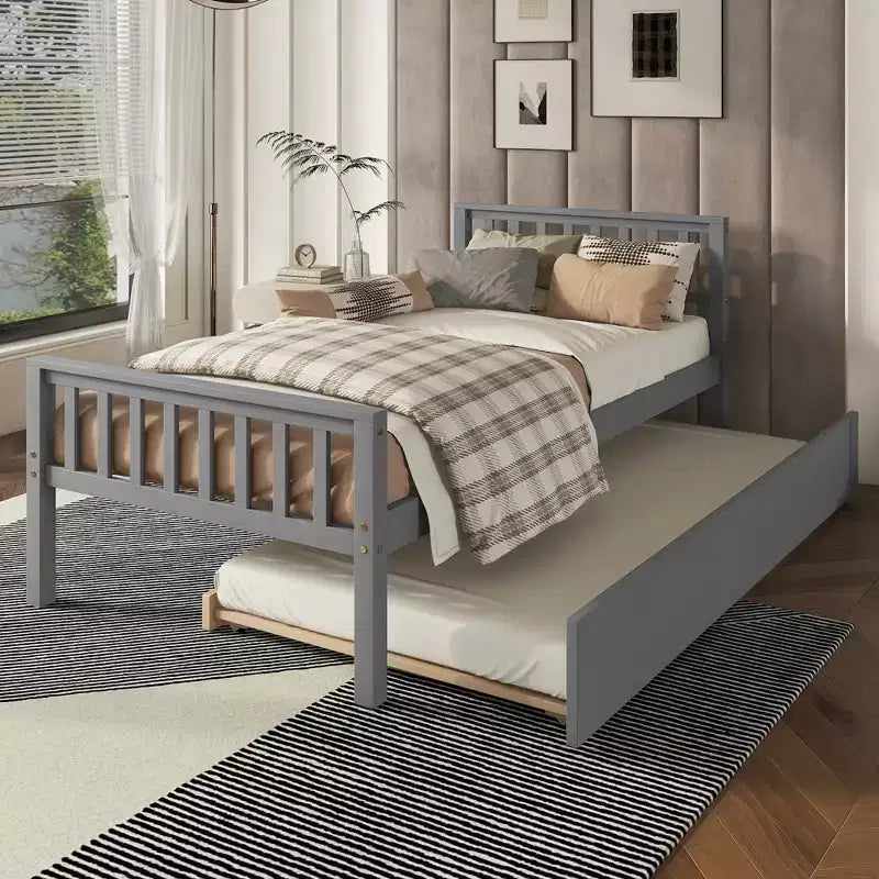 Struttura Letto a Piattaforma Matrimoniale Singola Whisen in Legno con Letto Estraibile, con Testiera e Pediera