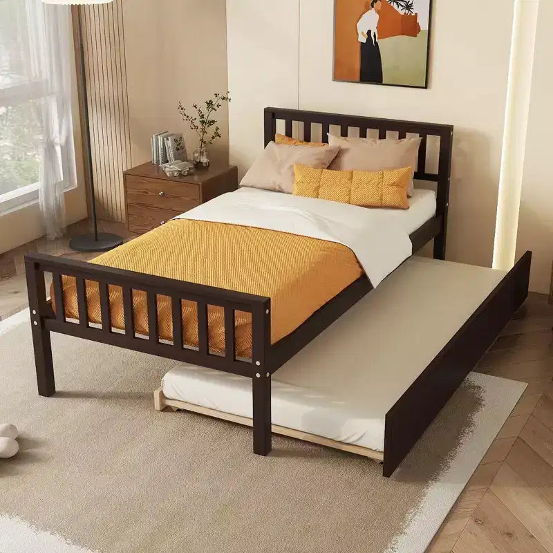 Whisen Twin Size Wood Platform Bed Frame with Trundle, with Headboard and Footboard