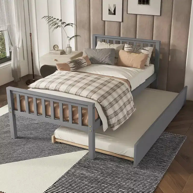 Struttura Letto a Piattaforma Matrimoniale Singola Whisen in Legno con Letto Estraibile, con Testiera e Pediera